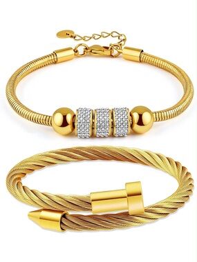 Anthropologie Gold-Tone Crystal & Twisted Cable Bracelet Duo